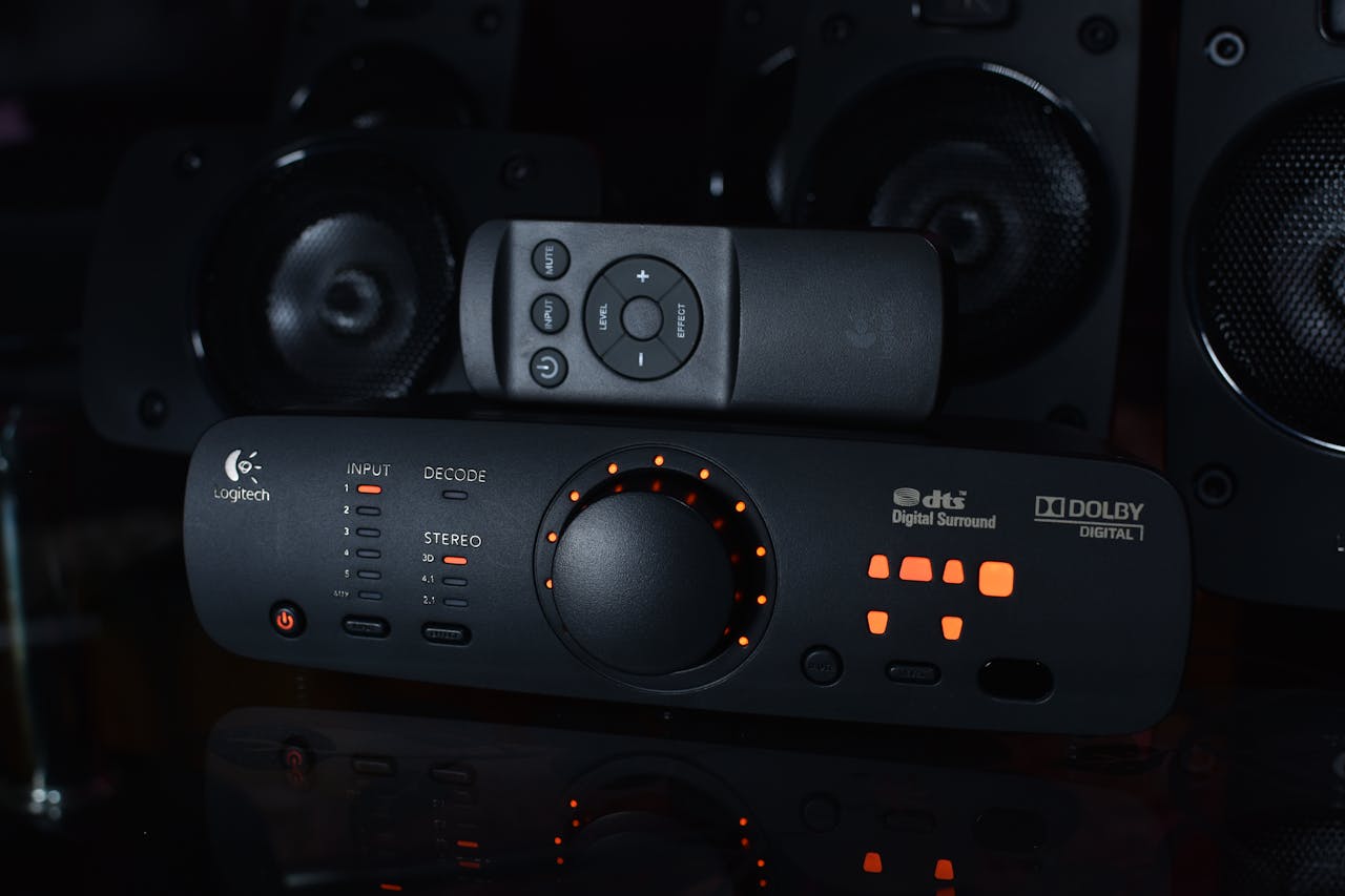 Home Close-up of audio equipment featuring Dolby Digital surround for premium sound experience.